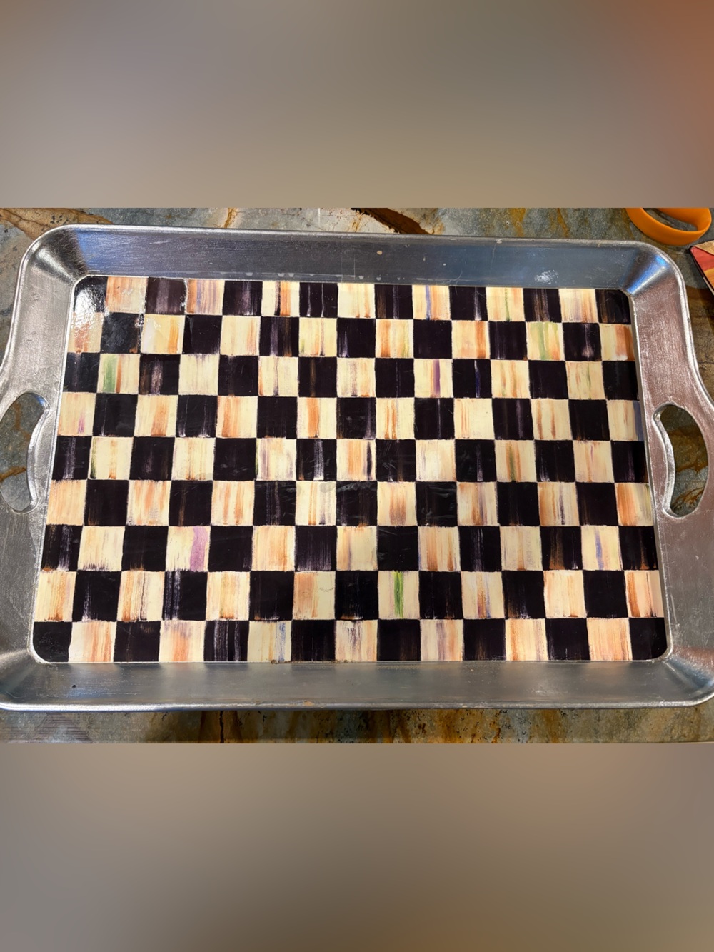 RARE Mackenzie Childs Courtly Check Large SILVER LACQUERED Tray 🖤